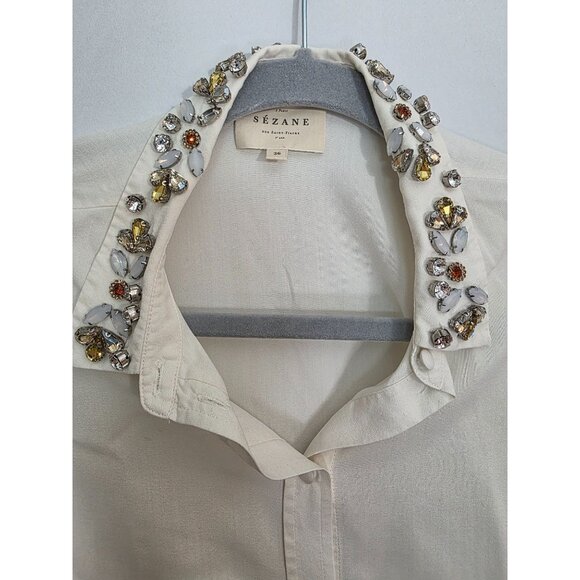 Sezane Embellished Silk Blouse Top Ecru Ivory Cream Longsleeve Shirt 4 36 - Picture 5 of 9